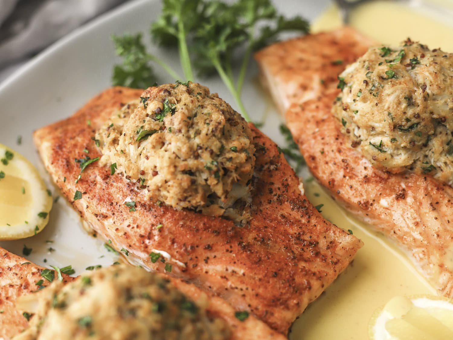 Stuffed salmon shop with crabmeat